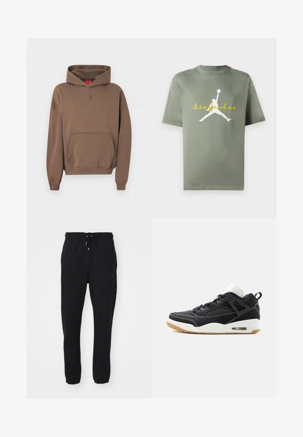 Ruskea huppari, jossa etutasku ja pieni Jumpman-logo kauluksen alla keskellä yksivärisellä taustalla.; Oliivivihreä puuvillapaita, jossa on pyöreä kaula-aukko, valkoinen Air Jordan -logo ja keltainen teksti alapuolella. Lyhyet hihat, rento istuvuus.; Mustat verkkarit, joissa on joustava vyötärö ja säädettävä naru, varustettuna kuminauhakäsiin ja huomaamattomalla logolla sivussa.; Mustavalkoinen korkeavartinen lenkkari, jossa valkoiset saumat, hengittävä verkko, kuminumero ja näkyvä ilmatyyny kantapään kohdalla.