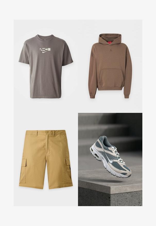 Hnedá mikina s kapucňou, predným vreckom a malým logom Jumpman umiestneným pod výstrihom na jednoliatej pozadí.; Hnedé tričko s krátkym rukávom a svetlým logom "Nike" potlačeným na prednej strane, s voľným, uvoľneným strihom.; Khakí cargo šortky s predným gombíkom, slučkami na opasok, bočnými vreckami s klopami a jemným logom značky na pravom vrecku nohavice.; Šedá a biela bežecká obuv Nike s sieťovinovým zvrškom a tlmenou podrážkou, ktorá visí nad betónovým okrajom na rozmazanom sivom pozadí.