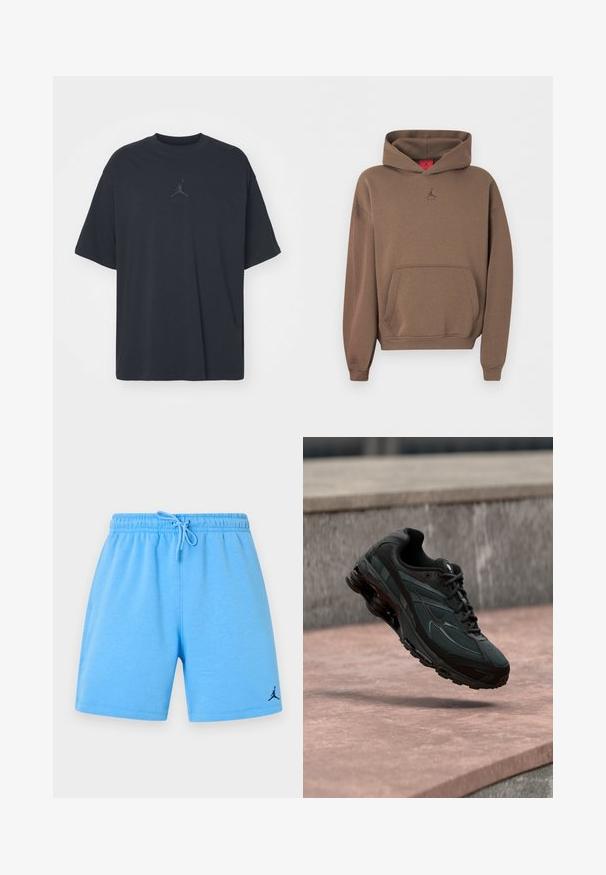 Brun hættetrøje med frontlomme og lille Jumpman-logo centreret under halsudskæringen på en ensfarvet baggrund.; Sort bomuld T-shirt med løs pasform, rund hals, korte ærmer, med et diskret logo og teksten "AIR" over logoet i centrum.; Lyseblå atletikshorts med elastisk talje, justerbar snøre og lille sort Jumpman-logo på det nederste venstre ben.; Sort atletisk sneaker med synligt luftdæmpende mellemsål, der svæver over en pink stenoverflade med en grå stenvæg i baggrunden.