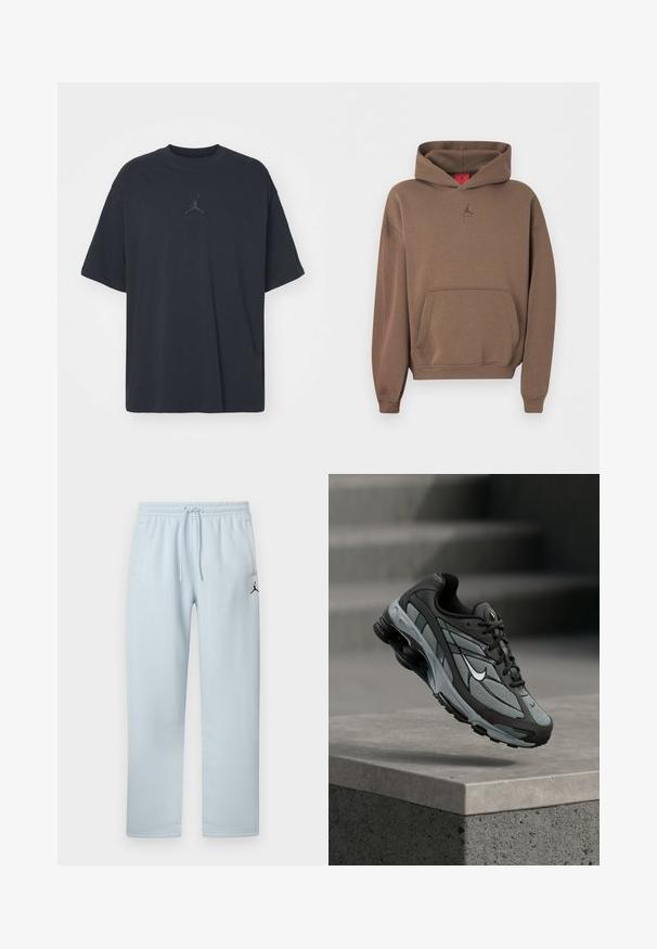 Sweat à capuche marron avec poche kangourou à l'avant et petit logo Jumpman centré sous l'encolure sur un fond uni.; T-shirt en coton noir avec une coupe ample, col rond, manches courtes, comportant un logo discret et le texte "AIR" au-dessus du logo au centre.; Pantalon de survêtement bleu clair en tissu doux, avec une ceinture élastique à cordon, deux poches latérales et un accent logo noir.; Baskets athlétiques grises et noires avec panneaux en mesh et semelle épaisse, positionnées en plein air au-dessus d'un rebord en béton avec des escaliers en arrière-plan.