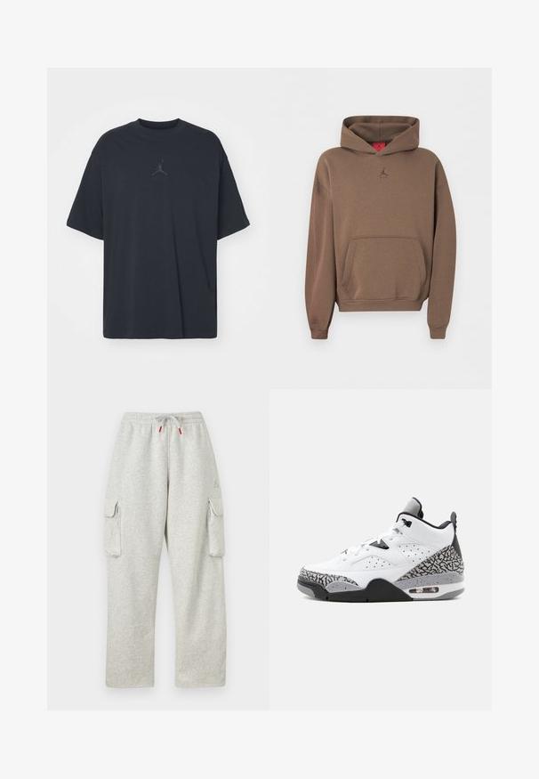 Hnedá mikina s kapucňou, predným vreckom a malým logom Jumpman umiestneným pod výstrihom na jednoliatej pozadí.; Čierne bavlnené tričko s voľným strihom, okrúhlym výstrihom a krátkymi rukávmi, s jemným logom a textom "AIR" nad logom v strede.; Svetlosivé tepláky s elastickým pásom, šnúrkou s červenými koncami a veľkými klopovými vreckami na oboch stehnách.; Bielo-sivá vysoká teniska s čiernymi a slonovinovými detailmi, viditeľnou vzduchovou podrážkou a šnurovacím zapínaním na jednoduchom pozadí.