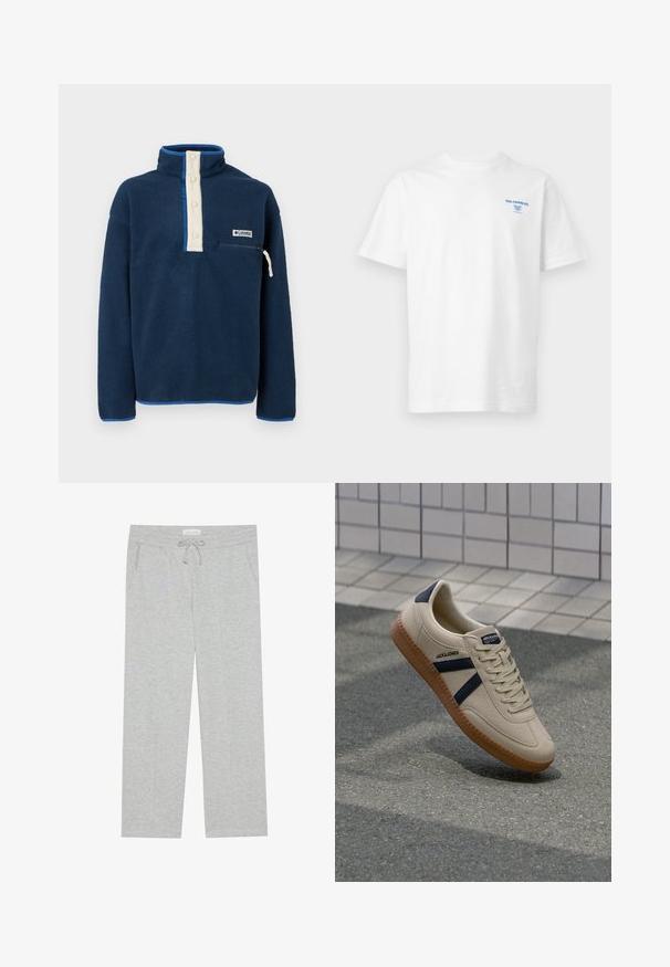 Polaire bleu marine à col montant, patte de boutonnage crème, poche zippée sur la poitrine et écusson du logo Columbia Sportswear.; T-shirt blanc à manches courtes et col rond avec un petit texte bleu "SOL COFFEE CO." et un logo sur le côté gauche de la poitrine.; Pier One Pantalon de survêtement - light grey; Baskets beiges avec une finition texturée, bandes navy et semelle en caoutchouc. Équipées d'une languette rembourrée et d'un système de laçage traditionnel pour un maintien sécurisé.