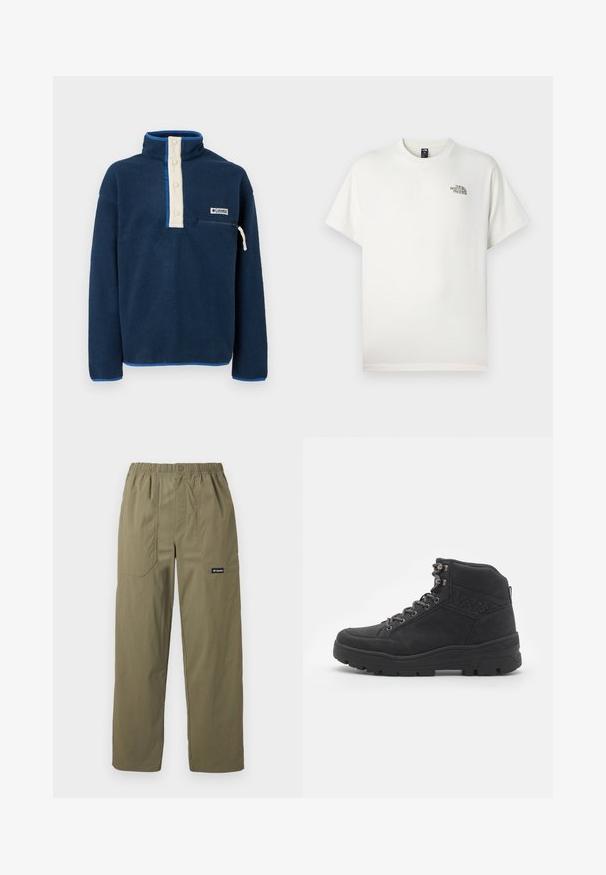 Marineblauer Fleece-Pullover mit hohem Kragen, cremefarbener Knopfleiste, Reißverschlusstasche auf der Brust und Columbia Sportswear Logo-Patch.; Weißes Baumwoll-T-Shirt mit kurzen Ärmeln, Rundhalsausschnitt und kleinem, aufgedrucktem Logo auf der linken Brust. Glatte Textur, lockere Passform.; Olivgrüne, gerade geschnittene Hose mit elastischem Bund, vorderen aufgesetzten Taschen, Knopfverschluss und Columbia-Logo auf der rechten Tasche.; Schwarze Stiefeletten bis zur Mitte des Knöchels aus Wildleder. Mit metallischen Ösen, Schnürsenkeln und einer strukturierten Gummisohle mit verstärktem Absatz.