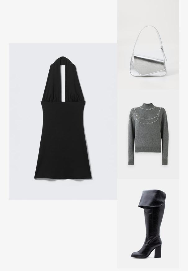 Pull en tricot gris avec un col montant et des manches longues. Il présente des motifs décoratifs en perles sur la poitrine de tailles différentes.; Robe noire sans manches à col halter avec un profond décolleté en V et une taille ajustée, présentée à plat sur un fond clair.; Botte haute en cuir noir avec talon, bord plié et bout arrondi, debout sur un fond blanc.; Sac à main en métal argenté de forme triangulaire, texture lisse et fine bandoulière réglable. Présente un design rabat avec couture.