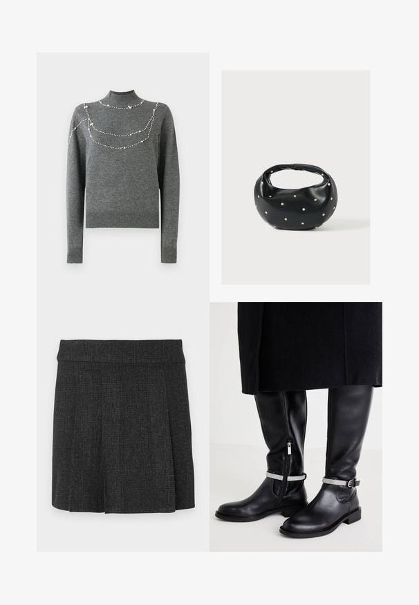Pull en tricot gris avec un col montant et des manches longues. Il présente des motifs décoratifs en perles sur la poitrine de tailles différentes.; Jupe noire plissée en tissu texturé. Ceinture mi-haute avec des lignes épurées. Coupe classique adaptée à diverses occasions.; Bottes noires en cuir jusqu'au genou avec une fermeture éclair sur le côté, dotées d'une sangle accentuée en argent autour de la cheville et d'un petit talon.; Sac à main en cuir noir de forme arrondie, décoré de clous argentés et équipé d'une poignée courte. Texture lisse et fermeture éclair.