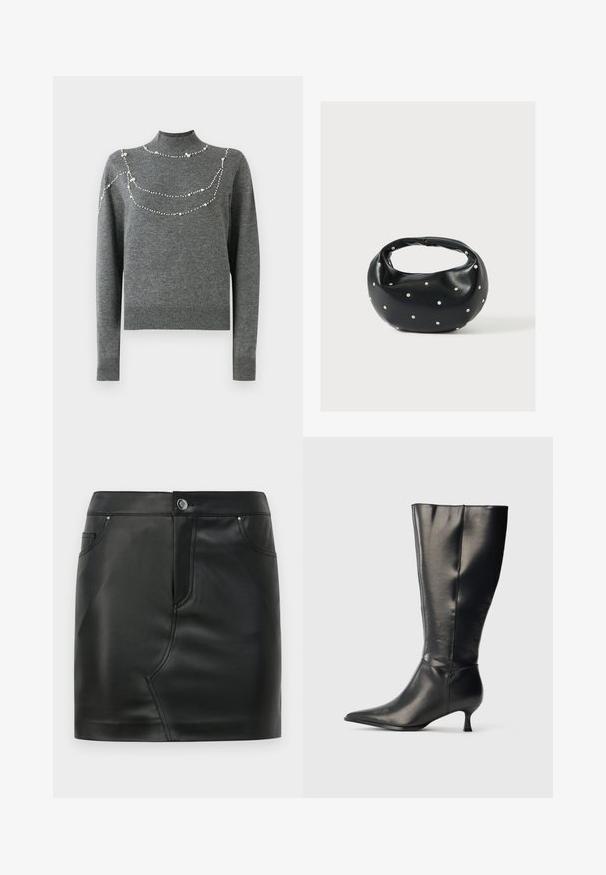 Suéter gris de punto con cuello alto y mangas largas. Presenta patrones decorativos de cuentas en el pecho de diferentes tamaños.; Mini falda de imitación cuero negra con botones frontales, cierre de cremallera, bolsillos delanteros y traseros, y detalles de costura.; Bota negra de cuero hasta la rodilla, con punta afilada y tacón bajo tipo kitten, mostrada sobre un fondo claro y sencillo.; Bolso de mano de cuero negro con forma redondeada, decorado con detalles de tachuelas plateadas y un asa corta. Textura lisa y cierre con cremallera.