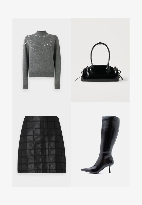 Suéter gris de punto con cuello alto y mangas largas. Presenta patrones decorativos de cuentas en el pecho de diferentes tamaños.; Minifalda de cuero negro con un patrón de cuadrícula texturizado, presenta costuras elevadas y una silueta ajustada. El acabado liso realza el diseño.; Botas de tacón alto negras hasta la rodilla con un acabado de cuero brillante, punta afilada y tacón delgado y cónico, que presentan una superficie lisa y un diseño elegante.; Pequeño bolso negro brillante con dos asas largas y detalles de cordón lateral sobre un fondo claro liso.