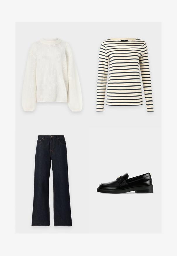 Pull blanc en maille avec manches longues, col rond et motif texturé à tissage ouvert.; Chemise crème à manches longues avec des rayures horizontales bleu marine, col ras du cou et ourlet droit.; Jeans larges bleu foncé en denim, avec des coutures orange, deux poches avant et une fermeture à bouton à la taille.; Mocassin en cuir noir poli avec un petit talon carré, surpiqûres moc toe et une bride décorative sur le dessus.