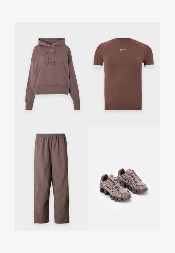 Brauner, kurzkärmeliger Hoodie mit einer vorderen Tasche, verstellbarem Kapuzenzug, gerippten Bündchen und Saum sowie kleinem weißen Nike-Logo auf der Brust.; Braunes Kurzarmhemd aus glattem Stoff mit hohem Hals und weißen Akzenten an den Ärmelabschlüssen, mit einem kleinen Logo auf der Brust.; Braune, leichte Hosen mit elastischem Bund, verkürzter Länge und geknöpften Bündchen. Glatte Textur mit minimalen Designelementen.; Nike Sportswear SHOX TL - Sneaker low - pumice/night maroon/plum eclipse