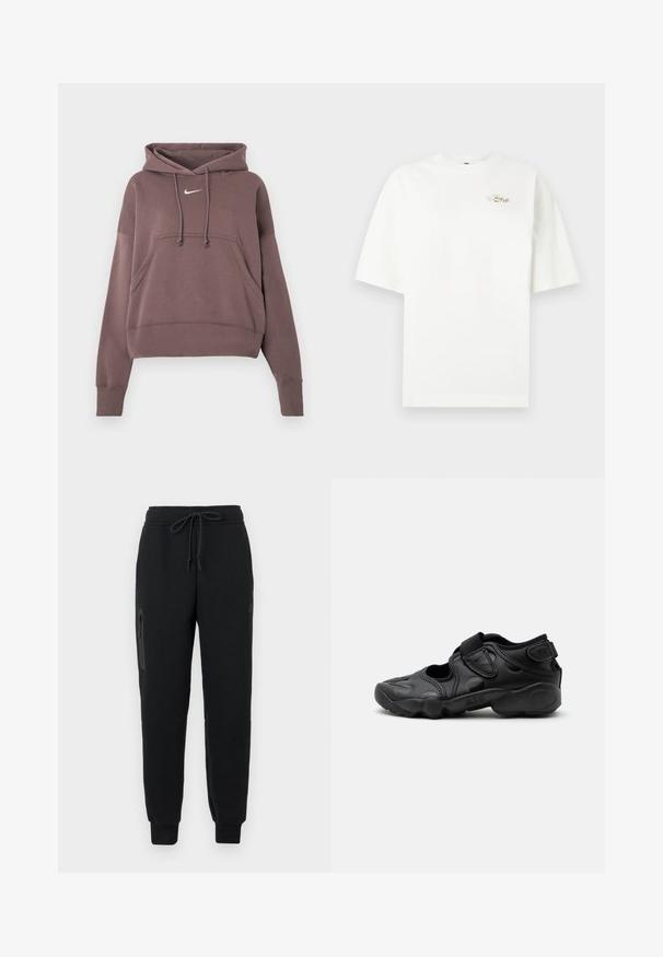 Brauner, kurzkärmeliger Hoodie mit einer vorderen Tasche, verstellbarem Kapuzenzug, gerippten Bündchen und Saum sowie kleinem weißen Nike-Logo auf der Brust.; Weißes, oversized T-Shirt mit kurzen Ärmeln und kleinem goldenen "Just Do It"-Logo auf der oberen linken Brust vor einem schlichten Hintergrund.; Schwarze Sweatpants mit einem Kordelzugbund, seitlichem Reißverschlusstaschen und schmal zulaufenden Säumen. Hergestellt aus weichem, strukturiertem Stoff.; Schwarze sportliche Sandale mit geschlossenem Zehenbereich, Klettverschlüssen am Mittelfuß und an der Ferse sowie einer dicken gepolsterten Sohle mit der Aufschrift „AIR“ an der Seite.