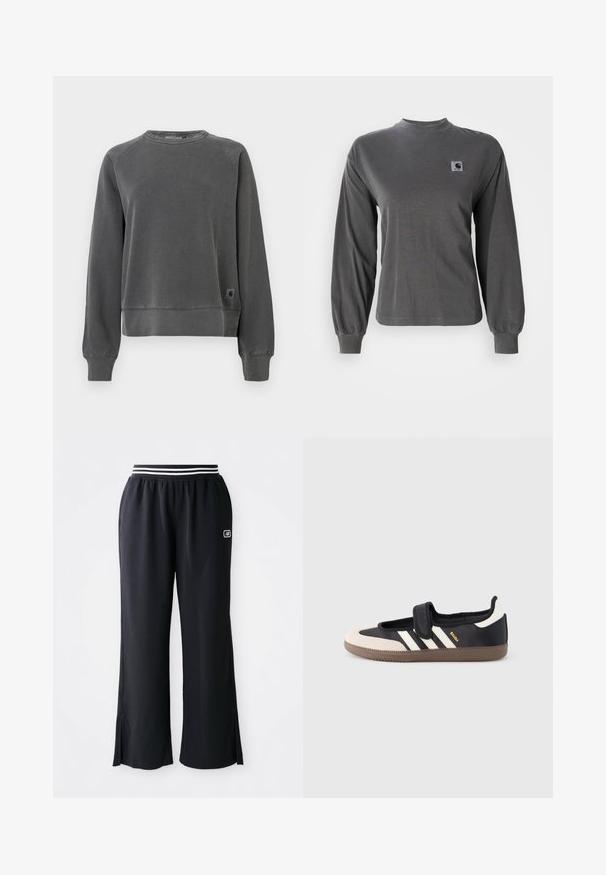 Crewneck sweatshirt in donkergrijs weefsel, met ribbels aan de manchetten en onderkant, en een klein logo-patch aan de onderzijde. Zachte textuur.; Grijs T-shirt met lange mouwen van katoen, met een ronde hals en elastische manchetten, voorzien van een klein vierkant logo op de borst.; Zwarte sportbroeken met een wijde pijpdesign, een elastische tailleband met zwart-witte strepen en zijslits aan de zoom.; Zwart-beige sneaker met een klittenbandsluiting, drie witte strepen aan de zijkant en een getextureerde bruine rubberen zool. Merkembleem zichtbaar.
