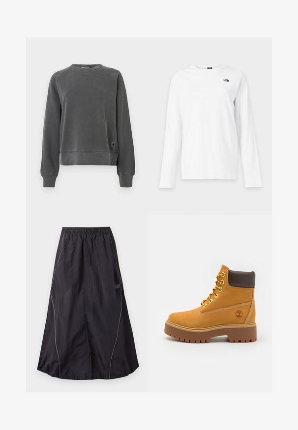 Sweatshirt à col ras du cou en tissu gris foncé, avec des poignets et un ourlet côtelés, arborant une petite étiquette logo sur le côté. Texture douce.; T-shirt blanc à manches longues avec col rond et petit logo noir The North Face sur le côté gauche de la poitrine.; Jupe de sport légère en nylon noir avec taille élastique et passepoil réfléchissant discret sur les côtés, logo New Balance sur le côté droit.; Bottine chevauchant la cheville en tan imperméable avec une semelle en caoutchouc robuste, un bout rond, un col en cuir brun, des lacets jaunes et un logo sur le côté.