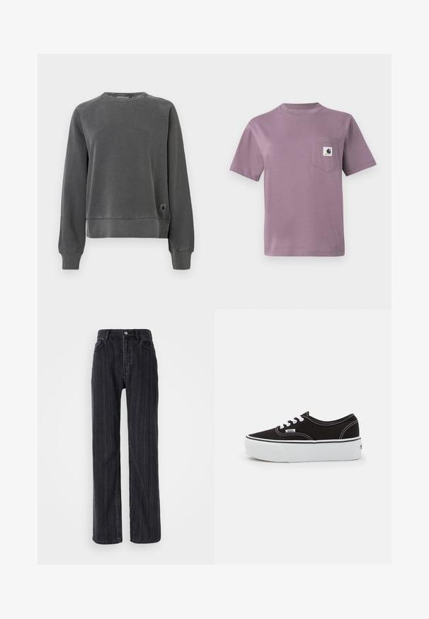 Crewneck sweatshirt in donkergrijs weefsel, met ribbels aan de manchetten en onderkant, en een klein logo-patch aan de onderzijde. Zachte textuur.; Lila katoen t-shirt met een ronde hals, korte mouwen en een borstzakje aan de linkerkant met een logo-label. Zachte textuur, casual pasvorm.; Hoge taille zwarte denim jeans met een verticale streepjespatroon, rechte pasvorm en een metalen knoopsluiting aan de voorkant.; Zwarte canvas sneaker met een witte rubberen platformzool, voorzien van witte veters en stiksels, iconische branding op de zijkant, low-top ontwerp.