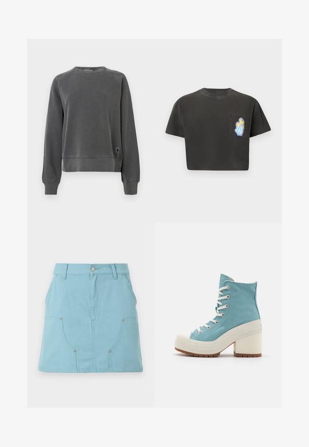Crewneck sweatshirt in donkergrijs weefsel, met ribbels aan de manchetten en onderkant, en een klein logo-patch aan de onderzijde. Zachte textuur.; Zwart cropped t-shirt met korte mouwen, voorzien van een borstzakje aan de linkerkant met een kleurrijk ontwerp van vlammen en geometrische vormen.; Lichtblauwe A-lijn rok met voorzakken, ceintuurlussen en een knoopsluiting in de tailleband, weergegeven op een witte achtergrond.; Lichtblauwe canvas hoge sneakers met witte veters, rubberen neuskap en een stevige witte hak. Textuurzool voor grip.