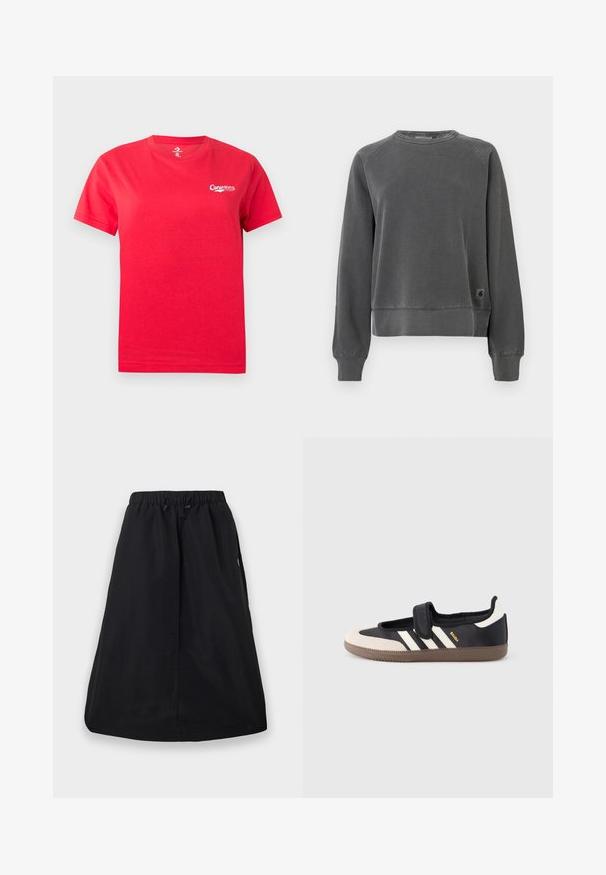 Sweatshirt à col ras du cou en tissu gris foncé, avec des poignets et un ourlet côtelés, arborant une petite étiquette logo sur le côté. Texture douce.; T-shirt rouge à manches courtes avec col rond, petit logo blanc "Converse" sur le côté gauche de la poitrine.; Jupe trapèze noire avec ceinture élastique et cordon de serrage ajustable, longueur genou, design uni avec poches latérales.; Baskets noires et beiges avec une bride en velcro, trois bandes blanches sur le côté, et une semelle en caoutchouc marron texturée. Logo de la marque visible.
