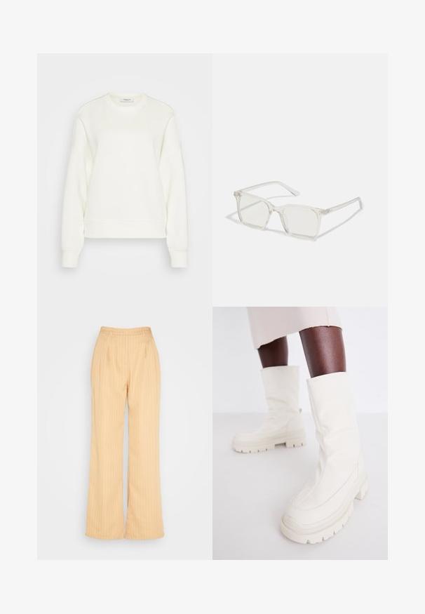 Kreppi kaelusega sviiter heleses toonis, valmistatud pehmest puuvilla segust. Omab pikki varrukasid, mugavat lõike ja soonikkoes helmeid ning varrukaotsi.; IN THE STYLE GEORGIA LOUISE PIN STRIPE WIDE LEG TROUSERS - Püksid - stone; Valged pahkluu saapad pehme ja tekstuuriga viimistlusega, millel on tüse kummist konts ja skulpturaalne kuju modernseks disainiks.; Selge plastmassist ruudukujulised prilliraamid koos läbipaistvate läätsedega, millel on kuldsed aktsendid templitel, et lisada detaile.