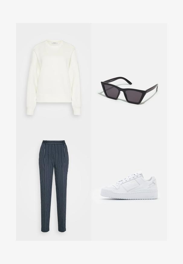 Crewneck sweatshirt in off-white, gemaakt van een zachte katoenmix. Heeft lange mouwen, een ontspannen pasvorm en ribgebreide zoom en manchetten.; Samsøe Samsøe AGNETA TROUSERS - Broek - salute; Witte leren sneaker met een gladde textuur, ronde neus, laag ontwerp, veters en een platformzool met subtiele branding aan de zijkant.; Zwarte, hoekige zonnebril met grijze lenzen; gemaakt van plastic, met dikke armen met een gladde oppervlakte en zonder zichtbare hardware.