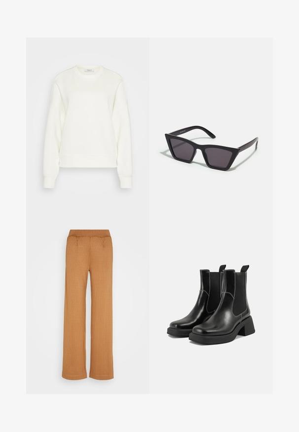 Crewneck sweatshirt i off-white, lavet af blødt bomuldsblanding. Har lange ærmer, en afslappet pasform samt ribbet kant og manchetter.; Brune, brede bukser med lodrette hvide striber, der har et glat stof, flad talje og to frontfolder for ekstra detaljer.; Sorte læder Chelsea-støvler med en kraftig hæl, elastiske sidepaneler og kontrastfarvet hvid syning. Tekstureret overflade.; Sorte, kantede solbriller med grå linser; lavet af plast, med tykke stænger med en glat overflade og ingen synlig hardware.