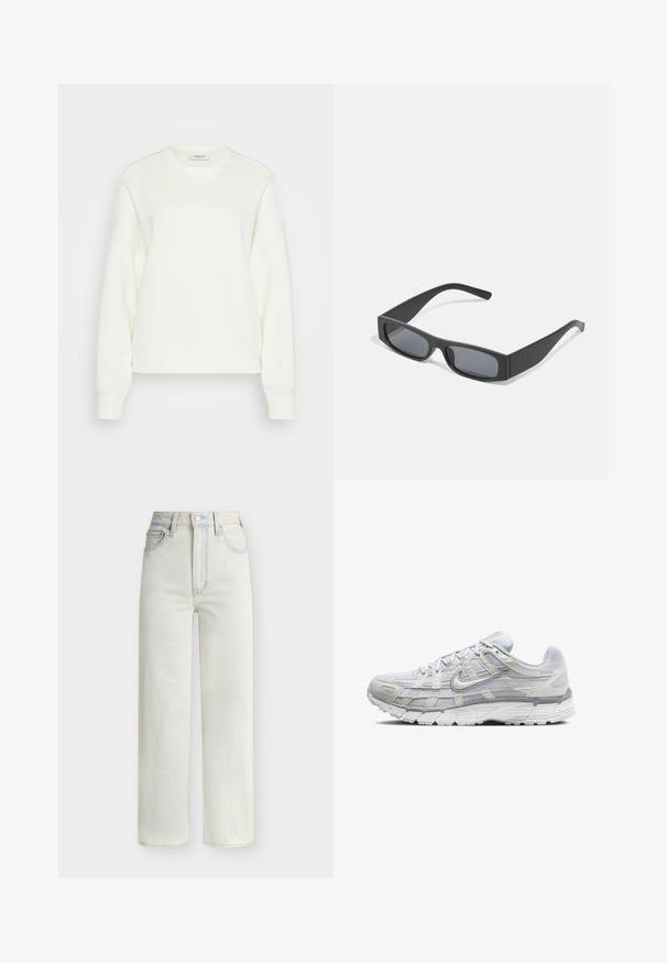Crewneck sweatshirt in off-white, gemaakt van een zachte katoenmix. Heeft lange mouwen, een ontspannen pasvorm en ribgebreide zoom en manchetten.; Lichtblauwe denim jeans met hoge taille, rechte pijpen, vooraan sluiting met knopen en rits, en een ontwerp met vijf zakken.; Lichtgrijze sportschoenen met een bovenwerk van mesh en synthetisch materiaal, voorzien van een vetersluiting, een gevoerd kraagje en een gestructureerde zool voor grip.; Zwarte rechthoekige zonnebril met donkere lenzen en dikke matte monturen. De zijstukken zijn licht taps toelopend met een gladde textuur.