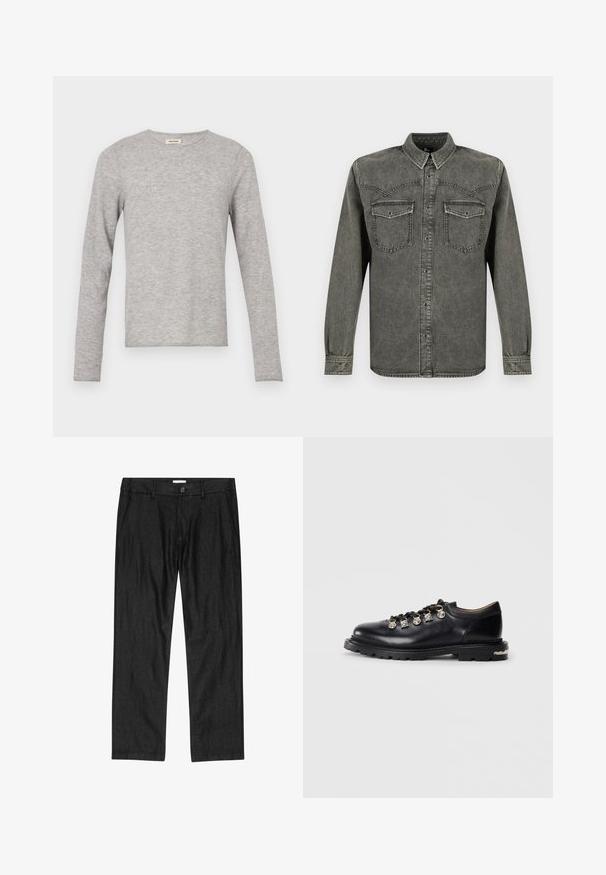 Grå langærmet skjorte lavet af blødt stof; rund hals, tætsiddende pasform, uden synlige mønstre eller hardware. Glat tekstur.; Langærmet sort vasket denimskjorte med knapper foran og klaplommer på brystet, vist mod en hvid baggrund.; Herre sorte bukser med lige ben, foran med knap, lynlås og sidelommer, vist fladt på hvid baggrund.; Sorte læder lavskårne sko med tyk sål, metaløjer, dekorative sølv charms på snørebåndene, og tekstureret mønster på sålen.