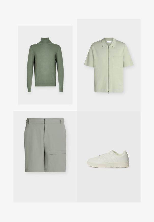 Pull vert à manches longues avec col roulé, col, poignets et ourlet côtelés, présenté sur un fond gris neutre.; Chemise vert clair à manches courtes avec une fermeture éclair à l'avant, un col et une poche poitrine sur fond blanc uni.; Short homme gris clair avec bouton à l'avant, fermeture éclair, passants de ceinture, poches latérales et une poche à rabat sur la cuisse droite.; Baskets blanches avec une texture en cuir lisse, design à lacets, détails perforés et trois rayures diagonales sur le côté. Semelle en caoutchouc.