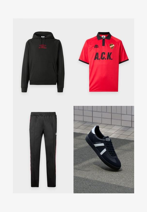 Must kapuutsiga dressipluus punase "Umbro" logoga, eesmine tasku, soonikkoes varrukad ja alläär; valmistatud pehmest, elastse materjaliga.; Punase lühikeste varrukatega spordisärk musta krae ja mansettidega, musta "A.C.K." tekstiga, Kappa logoga ning rinnal kilbiembleem kahe tärniga.; Mustad mustadest spordipükstest, mis on valmistatud siledast kangast, punaste külgtriipudega, elastse vöökohtadega ja logoga ülemisel paremal jalal.; Must have musta sneaker musta valgete triipudega, tekstuurne kummitald ja nööridega esiosa. Omab bränditud märki keele peal.