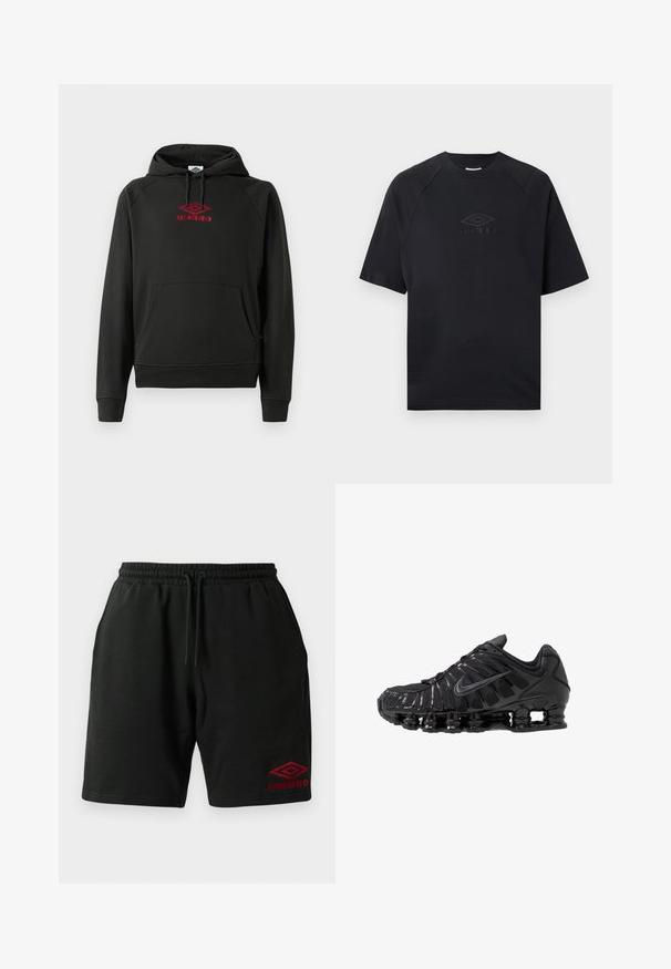 Schwarzer Kapuzenpullover mit rotem "Umbro"-Logo, Fronttasche, gerippten Bündchen und Saum; aus weichem, flexiblem Material gefertigt.; Schwarzes T-Shirt mit kurzen Ärmeln und Rundhalsausschnitt, mit einem dezent geprägten Umbro-Logo in der Mitte der Brust.; Schwarze Shorts mit Kordelzug, seitlichen Taschen und rotem Umbro-Logo, das am linken Bein unten gestickt ist.; Schwarze Sportschuhe aus Mesh- und synthetischen Materialien mit einem markanten wellenförmigen Design, schwarzer Gummisohle und reflektierenden Akzenten.
