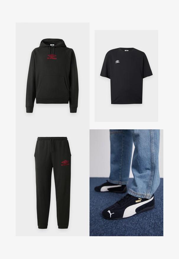 Sort hættetrøje med rød "Umbro"-logo, foranlomme, ribstrikkede manchetter og kant; lavet af blødt, fleksibelt materiale.; Sort T-shirt med korte ærmer og rund hals, med lille hvid Umbro-logo på venstre bryst, vist mod en ensartet lys baggrund.; Sorte sweatpants med elastisk talje og manchetter, sidelommer og rødt Umbro-logo på venstre lår.; Sorte ruskinds sneakers med hvide detaljer og et guldlogo. Båret med lyseblå denimjeans og sat på en struktureret blå overflade.
