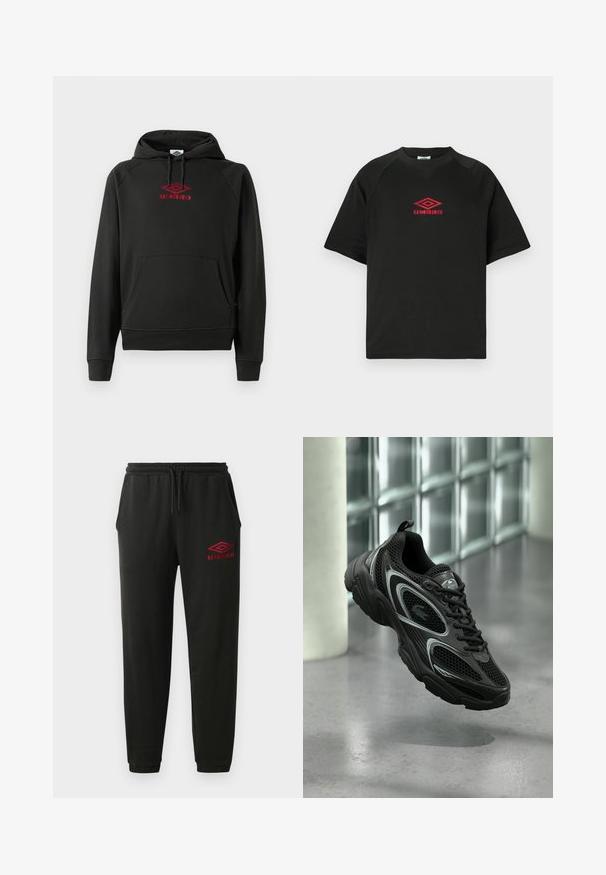 Sort hættetrøje med rød "Umbro"-logo, foranlomme, ribstrikkede manchetter og kant; lavet af blødt, fleksibelt materiale.; Sort kortærmet crewneck skjorte med rødt Umbro logo centreret på brystet mod en ensfarvet hvid baggrund.; Sorte sweatpants med elastisk talje og manchetter, sidelommer og rødt Umbro-logo på venstre lår.; Sort atletiksko med mesh og syntetisk materiale, der har en tekstureret sål, slankt design, sølvdetaljer og snørebånd foran.