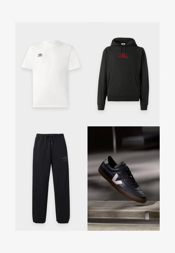 Schwarzer Kapuzenpullover mit rotem "Umbro"-Logo, Fronttasche, gerippten Bündchen und Saum; aus weichem, flexiblem Material gefertigt.; Weißes T-Shirt mit kurzen Ärmeln und schwarzem Umbro-Logo auf der linken Brust, Rundhalsausschnitt, schlichtes Design, auf hellem Hintergrund präsentiert.; Schwarze lässige Jogginghose mit elastischem Bund und Bündchen, Kordelzug, Seitentaschen und kleinem Umbro-Logo am rechten Oberschenkel.; Schwarze Leder-Sneaker mit weißem V-Logo, Schnürung vorne, durchbrochene Details und brauner Gummisohle; schlankes Design mit minimalen Akzenten.