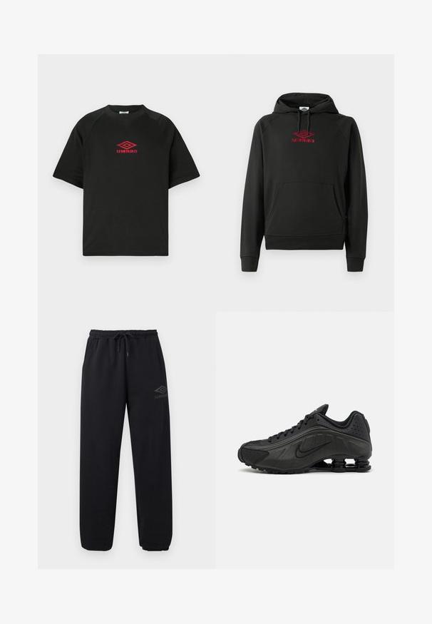 Schwarzer Kapuzenpullover mit rotem "Umbro"-Logo, Fronttasche, gerippten Bündchen und Saum; aus weichem, flexiblem Material gefertigt.; Schwarzes T-Shirt mit kurzen Ärmeln und Rundhalsausschnitt, mit rotem Umbro-Logo, das auf der Brust zentriert ist, vor einem schlichten weißen Hintergrund.; Schwarze lässige Jogginghose mit elastischem Bund und Bündchen, Kordelzug, Seitentaschen und kleinem Umbro-Logo am rechten Oberschenkel.; Schwarze Laufschuhe mit einem glatten synthetischen Obermaterial, durchbrochenen Akzenten, strukturierten Seitenpaneelen und einer ausgeprägten federnden Sohle.