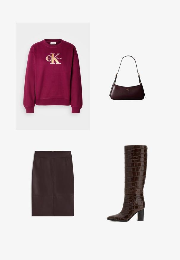 Sweatshirt bordeaux avec encolure ronde et manches longues. Logo "CK" brodé en doré avec le texte "Calvin Klein" en dessous. Tissu doux.; Jupe crayon en cuir bordeaux avec une texture lisse, dotée de plis avant et d'une fermeture éclair dissimulée à l'arrière.; Botte en cuir marron gaufré croco, arrivant à mi-mollet, avec un bout pointu et un talon épais, présentant une finition lisse et élégante ainsi qu'un motif texturé.; Sac à main en cuir bordeaux foncé avec une fine sangle d'épaule noire et un petit logo doré "cK" au centre devant.