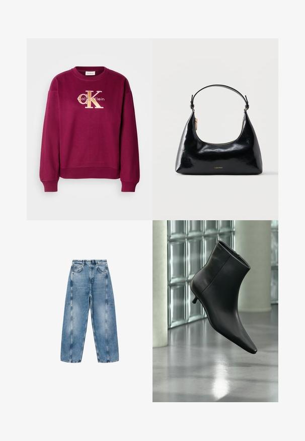 Burgunderfarbener Sweatshirt mit Rundhalsausschnitt und langen Ärmeln. Besticktes goldenes "CK"-Logo mit dem Text "Calvin Klein" darunter. Weicher Stoff.; Hellblaue Denim-Jeans haben eine lockere Passform, große Taschen und kontrastierende Nähte. Der Stoff hat eine ausgeblichene Optik mit einer glatten Textur.; Schwarzer Leder-Stiefelette mit spitzer Zehenpartie und niedrigem Kitten-Heel, schräg dargestellt vor einem polierten Boden und einer Glasbausteinwand.; Schwarze, glänzende Calvin Klein Handtasche mit goldfarbenem Reißverschluss und kurzem Trageriemen vor schlichtem weißem Hintergrund.