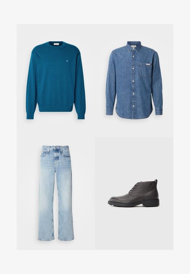 Suéter de punto turquesa con cuello redondo, mangas largas y dobladillo acanalado. Presenta un pequeño logo en la parte superior izquierda. Textura suave.; Camisa de mezclilla en azul medio con cuello abotonado, mangas largas, bolsillo frontal y botones blancos. Presenta un dobladillo ligeramente curvado.; Vaqueros de pierna ancha en azul claro con una alta cintura, que presentan un acabado desgastado, cinturillas y un clásico diseño de cinco bolsillos. El dobladillo es sin acabar.; Botas de cuero negro hasta el tobillo con acabado texturizado, puntera redonda, cierre de cordones y una suela de goma baja y resistente. Presentan un detalle con el logo en el lateral.