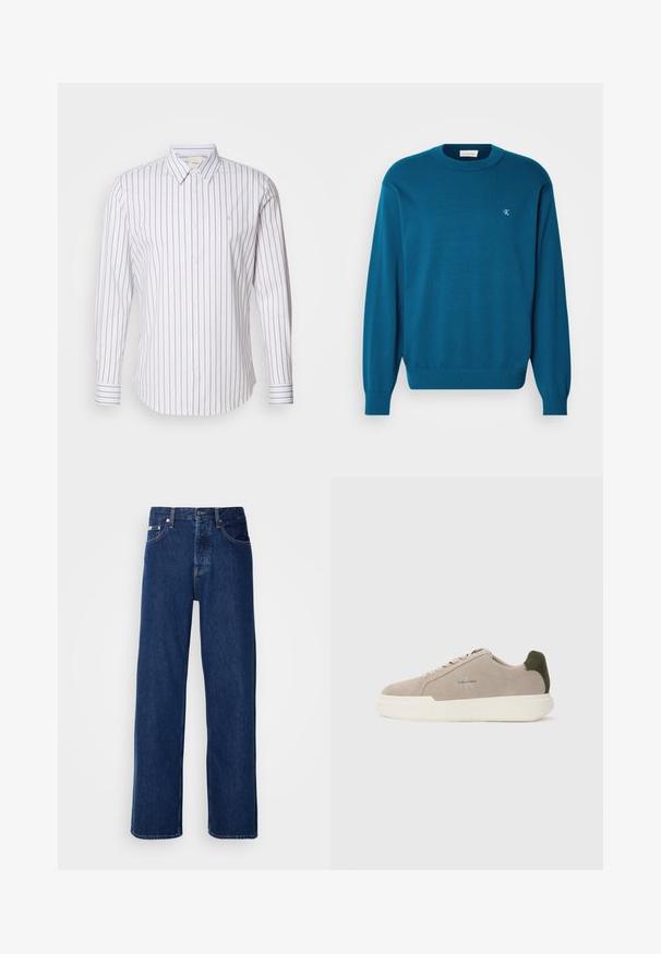 Pull en maille turquoise avec un col rond, des manches longues et un ourlet côtelé. Présente un petit logo en haut à gauche. Texture douce.; Calvin Klein SLIM FIT - Chemise - gray marble; Jean en denim bleu foncé avec un design à jambes larges, doté d'une fermeture à bouton et d'un style à cinq poches classique. Le tissu a une texture lisse.; Baskets en suède beige avec une semelle en caoutchouc blanche, présentant un accent de talon vert foncé et une branding subtile sur le côté.