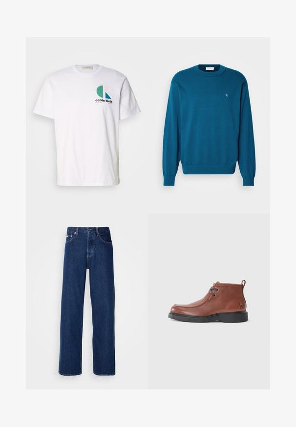 Turquoise gebreide trui met ronde hals, lange mouwen en geribbelde zoom. Beschikt over een klein logo linksboven. Zachte textuur.; Witte katoenen t-shirt met een kleurrijk grafisch ontwerp met ronde vormen en het "Calvin Klein" logo aan de voorkant. Korte mouwen, ronde hals.; Donkerblauwe denim jeans met een wijdbeen ontwerp, voorzien van een knoopsluiting en klassieke vijf-pocket styling. De stof heeft een gladde textuur.; Bruine leren enkelboots met een ronde neus, vetersluiting en een zwarte rubberen zool. Opvallend logo op de hak en stikselaccenten.