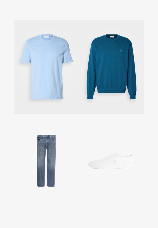 Pull en maille turquoise avec un col rond, des manches longues et un ourlet côtelé. Présente un petit logo en haut à gauche. Texture douce.; T-shirt en coton bleu clair avec un col rond, des manches courtes et un petit logo brodé sur la poitrine gauche. Texture lisse, coupe décontractée.; Jean en denim bleu à jambes droites, avec poches avant, passants de ceinture et fermeture par bouton.; Baskets basses en toile blanche avec lacets blancs et un logo "cK" discret sur le côté, semelle en caoutchouc avec embout texturé.