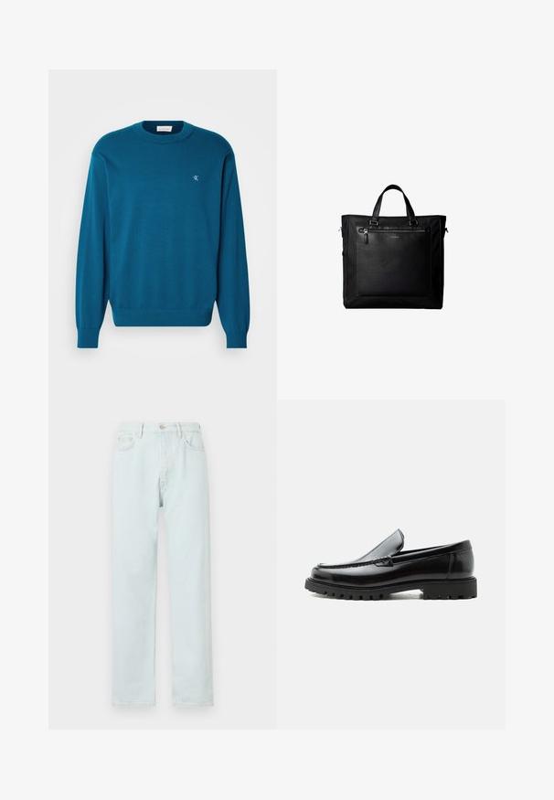 Turkis strikket sweater med rund hals, lange ærmer og ribbet kant. Har et lille logo i øverste venstre hjørne. Blød tekstur.; Lyseblå lige bukser lavet af denim, med knaplukning, diskret slid, og fem-lomme design.; Sort læderloafer med chunky gummisål, syet overdel og præget mærkenavn på hælen, vist i sideprofil på hvid baggrund.; Sort taske med dobbelte håndtag, stor læderlomme foran med lynlås og diskret Calvin Klein-logo midt på lommen.