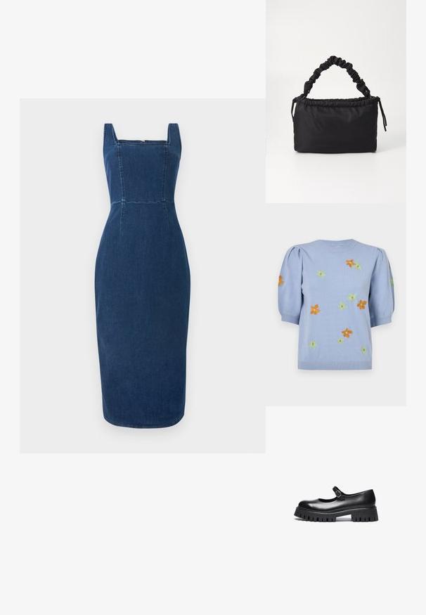 Suéter de punto azul claro con mangas cortas abullonadas, que presenta coloridas flores bordadas en naranja, verde y amarillo. Cuello y dobladillo acanalados.; Vestido de mezclilla en azul oscuro con escote cuadrado, diseño ajustado, detalles de costura visibles y longitud midi. Textura suave sin patrones adicionales.; Zapato negro de cuero estilo Mary Jane con punta redonda, correa en el tobillo y suela de goma gruesa con detalles estriados.; Bolso negro hecho de tela suave y lisa. Presenta un asa fruncida y cierre con cordón, con forma rectangular y sin herrajes visibles.