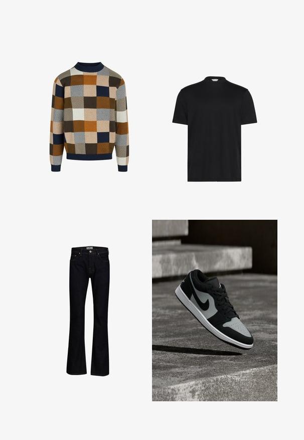 Striktrøje med flerfarvet lapmønster i orange, marineblå, brun og krem. Har ribkant ved halsen og ærmerne. Blød tekstur.; Sort T-shirt med en kort, høj halsudskæring. Fremstillet af blødt stof, den har korte ærmer og en afslappet pasform uden bemærkelsesværdige mønstre eller accenter.; Mørkeblå bukseskær med flared fit lavet af denim med en glat tekstur. Har fem lommer, messingbeslag og kontrastsygning.; Sort og grå Nike-sneaker svæver over en tekstureret betonoverflade med stentrin i baggrunden.