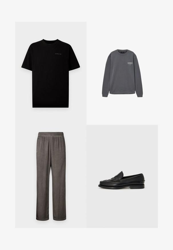 Donkergrijze crewneck sweater met "ALLSAINTS" en Japanse tekst in het wit gedrukt op de linkerborst, lange mouwen en geribde boorden en zoom.; Zwarte katoenen T-shirt met korte mouwen en een ronde hals. Kenmerkt zich door een klein logo "Last Resort AB" dat in een lichte kleur op de borst is geborduurd.; Loszittende, donkergrijze suède broek met een elastische tailleband en steekzakken aan de zijkant, platliggend weergegeven op een witte achtergrond.; Zwarte leren instapschoenen met een geweven detail aan de voorkant, een ronde neus en een lage hak. Glad textuur en minimalistisch ontwerp.