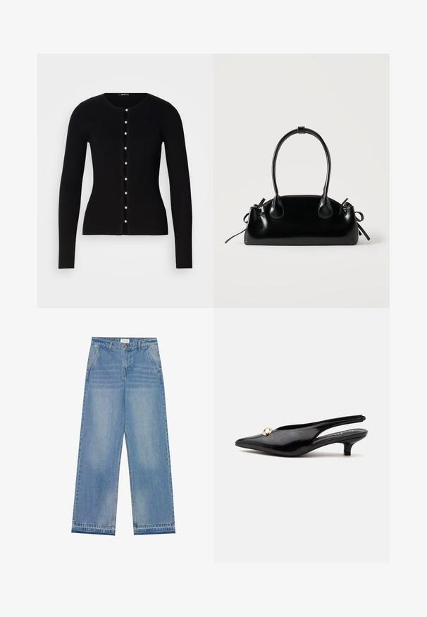 Cardigan noir à côtes avec manches longues, col rond et fermeture à boutons, présentant des boutons en forme de perles le long d'une couture ondulée.; Jean large taille haute bleu clair avec fermeture à bouton, poches avant, passants de ceinture et détails légèrement décolorés.; Escarpin slingback noir en cuir verni à petit talon kitten, avec un bout pointu et un petit ornement rond doré sur le dessus.; Petit sac à main noir brillant avec deux longues anses et des détails à cordon sur les côtés sur un fond clair uni.