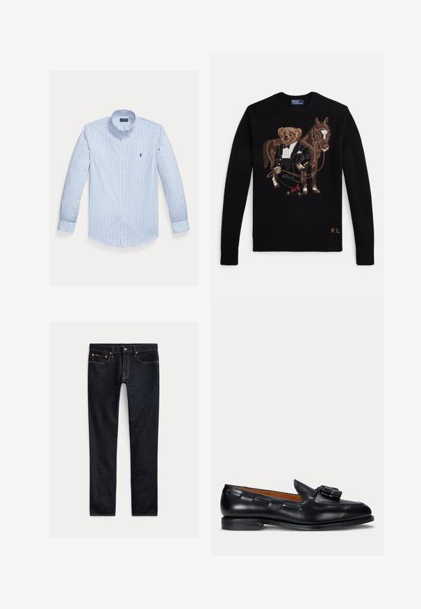 Suéter negro con oso bordado en esmoquin que sostiene las riendas de un caballo marrón de pie, con las iniciales "RL" cerca del dobladillo.; Camisa de manga larga azul claro con rayas blancas verticales, cuello abotonado y un pequeño logo en el bolsillo izquierdo del pecho.; Vaqueros ajustados de color azul oscuro con cinco bolsillos, cierre de botones y costuras en contraste, colocados planos sobre un fondo claro.; Mocasín negro de cuero con detalle de borlas y tacón bajo, visto de lado contra un fondo sencillo.