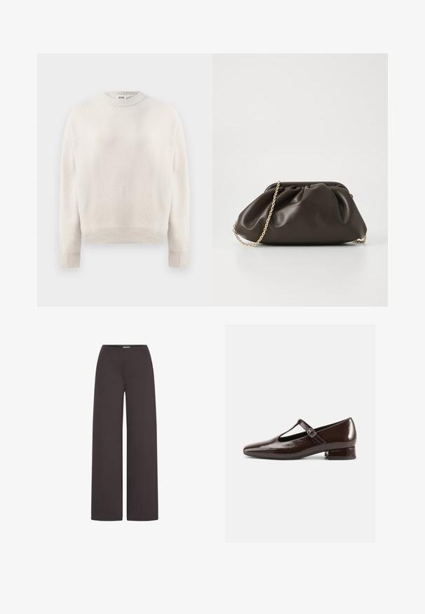 Cremefarvet strikket sweater med lange ærmer, ribbede manchetter, kant og rund halsudskæring, mærket "DRYKORN" inden i kraven.; ICHI IHKATE WIDE PA2 - Bukser - chocolate torte; Brune Mary Jane-sko i laklæder med en rundet tå, udskæringsdesign og justerbar rem. Lav blokhæl.; Brun læderhandtaske med en sammensnøring, guld kædestrop og blød, struktureret overflade. Kompakt form velegnet til aftensbrug.