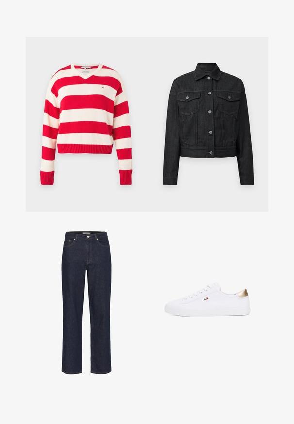 Pull rayé rouge et blanc avec un col en V, manches longues, poignets et ourlet côtelés, fabriqué à partir d'un tissu en maille douce. Petit logo sur la poitrine.; Veste en denim noir avec un col classique, fermeture à boutons sur le devant, deux poches poitrine et un ourlet arrondi. Elle présente des coutures contrastantes.; Gestuz SUMMER WIDE - Wide Leg - unwashed denim; Baskets blanches en toile avec bout rond, lacets à l'avant et un accent doré sur le talon. Présente un petit emblème sur le côté.