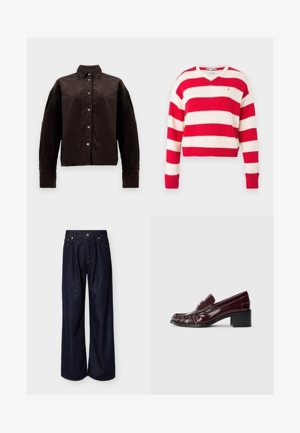 Rød- og hvidstribet sweater med V-udskæring, lange ærmer, ribstrikkede manchetter og kant, lavet af blødt strikstof. Lille logo på brystet.; Brun fløjlsskjorte med krave, frontknapper og lange ærmer. Har et struktureret stof og en let oversized pasform.; Vide denimjeans i mørkeblå med brede ben, forrest med knapper og fem-lomme-design på en ensartet lys baggrund.; Bordeaux læderloafer med rund tå, samlet tekstur foran og en kort, sort blokhæl. Guldaccents på vamps.