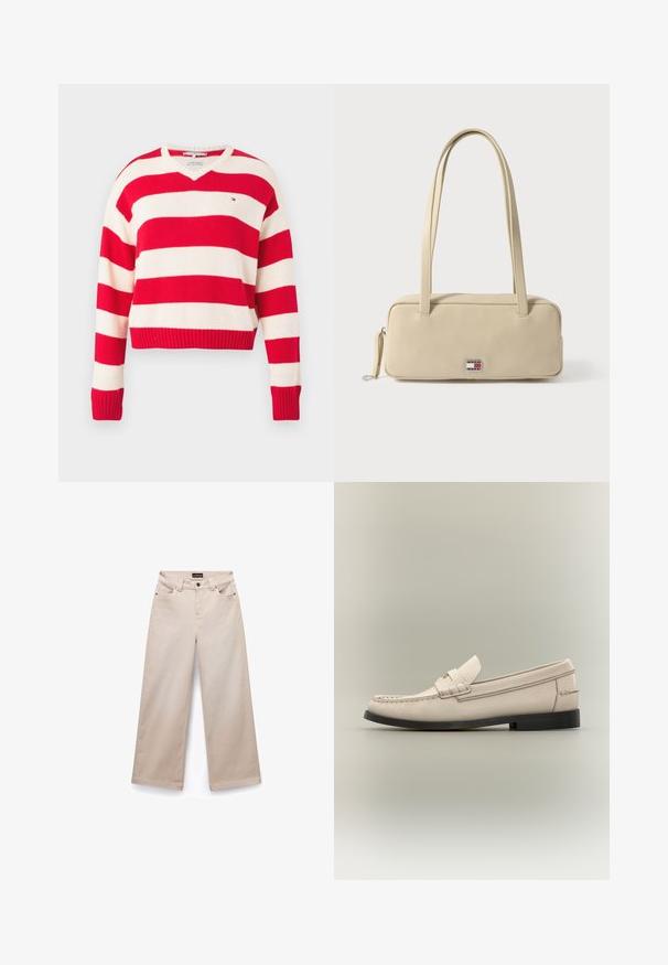 Rood-wit gestreepte trui met een V-hals, lange mouwen, geribbelde manchetten en zoom, gemaakt van een zachte gebreide stof. Klein logo op de borst.; Beige wijde broek van katoen met een gladde textuur. Beschikt over vijf zakken, riemlussen en zilverkleurige hardware aan de voorkant.; Beige leren herensloffer met zwarte zool en decoratieve riemdetail op een lichtgrijze achtergrond.; Beige rechthoekige handtas gemaakt van glad materiaal met twee handvatten, een ritsluiting en een metalen logo-accent met merknaam aan de voorkant.