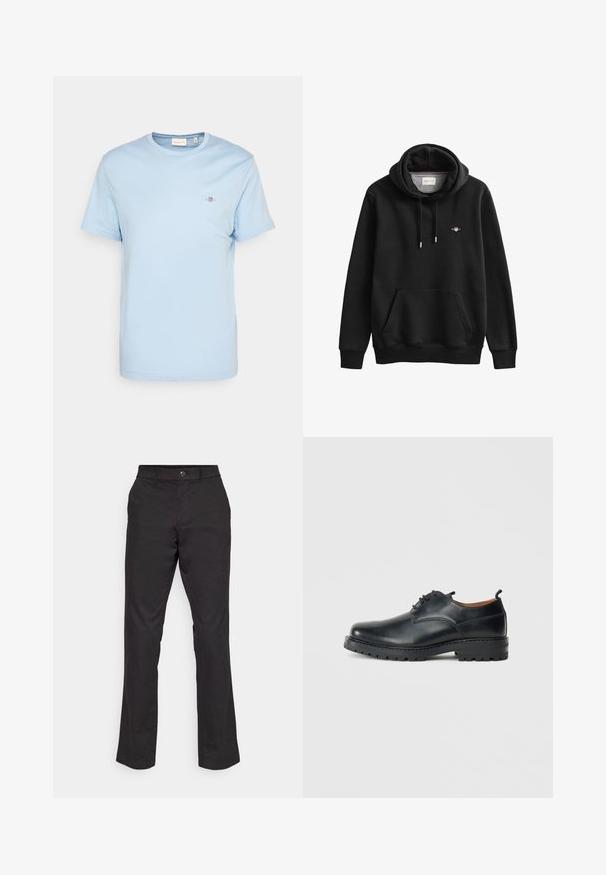 Sweat à capuche noir avec poche avant, cordons et petit logo GANT sur la poitrine gauche.; T-shirt en coton bleu clair avec un col rond, des manches courtes et un petit logo brodé sur la poitrine. Texture lisse, coupe standard.; GAP STRAIGHT PERFORMANCE - Pantalon classique - true black; Chaussures derby en cuir noir avec une texture lisse, bout rond, design à lacets et une semelle en caoutchouc épaisse et robuste.