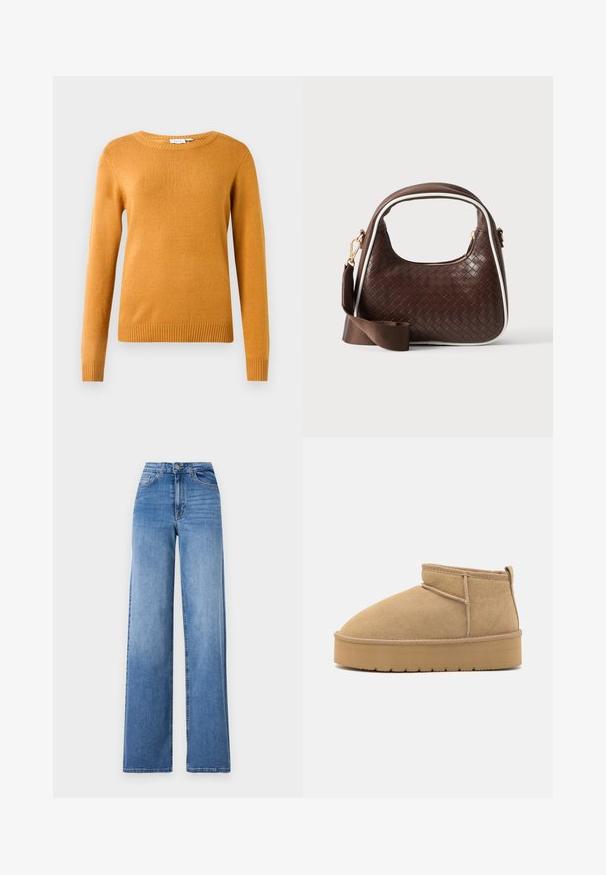 Senfgelbes Sweatshirt, weicher Strickstoff, Rundhalsausschnitt, lange Ärmel, gerippter Saum und Bündchen, leichtes Design ohne Muster oder Akzente.; Helleblaue, weit geschnittene Jeans aus Denim mit hoher Taille, Vorderaschen und einem normalen Knopfverschluss. Glatte Textur.; Beige Wildleder-Stiefeletten mit runder Zehenform, minimaler Nähte und einer hellbraunen Gummisohle mit strukturiertem Muster.; Braune gewebte Lederhandtasche mit weißer Paspel, goldenem Reißverschluss und abnehmbarem braunem Stoff-Schulterriemen.