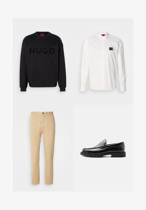 Sweatshirt noir en matériau doux, avec un col rond et des manches longues. Le mot "HUGO" est affiché en évidence dans une police noire brillante.; Chemise blanche à manches longues en coton, dotée d'un col boutonné, d'une patte de boutonnage avant et d'un patch logo noir sur la poitrine gauche.; Chino beige en tissu coton lisse, coupe slim, devant plat, passants de ceinture et fermeture à un bouton. Design ajusté avec des coutures discrètes.; Mocassin en cuir noir avec semelle en caoutchouc épaisse, dessus cousu et nom de marque embossé sur le talon, présenté de profil sur fond blanc.